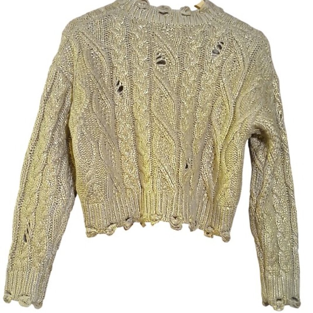 ZARA Cream with Metallic Gold Shimmer Wool Blend Crop Crew Cable Knit Sweater - Picture 2 of 12